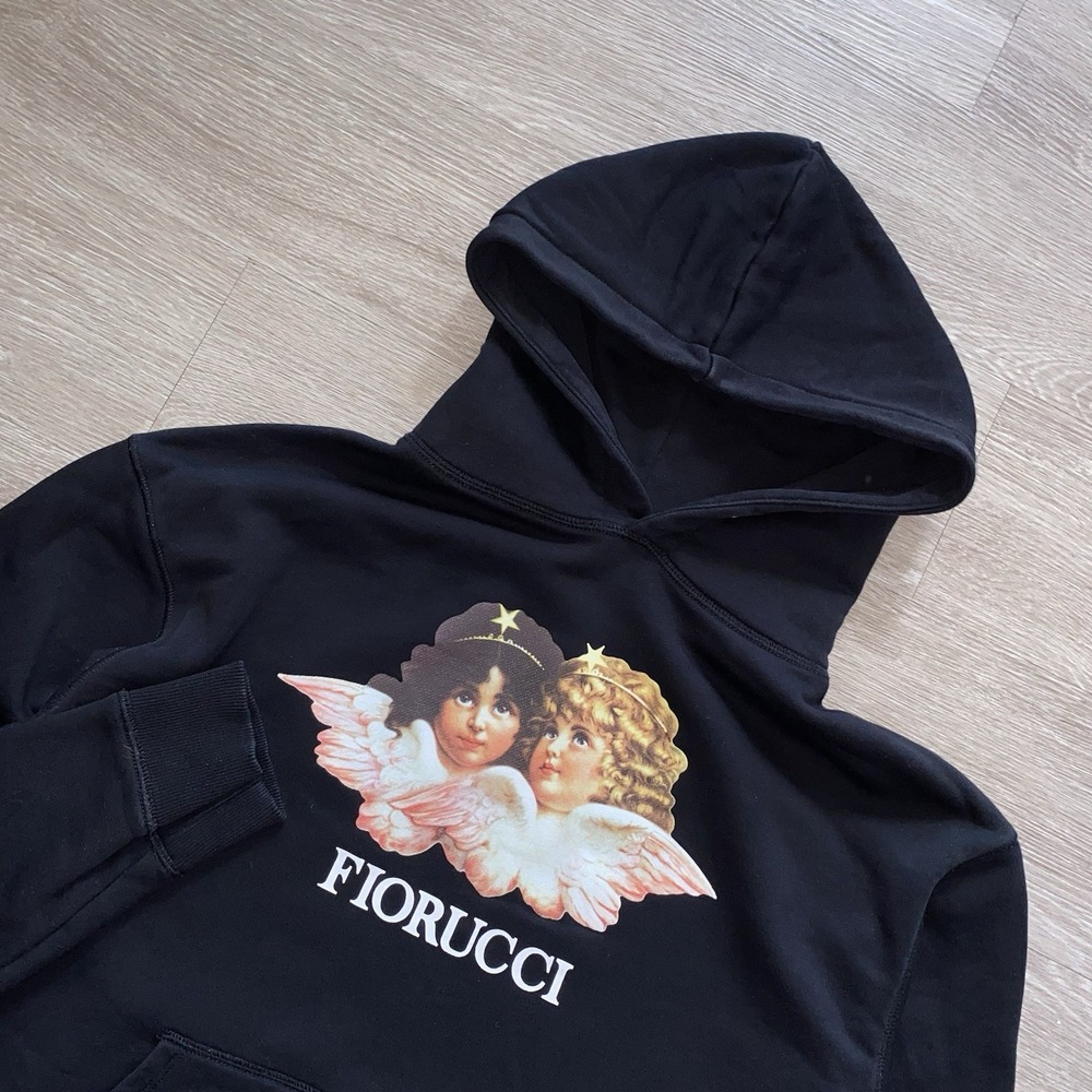 Fiorucci Vintage Angels Hoodie Sweatshirt Women's L Black Cotton Graphic Print